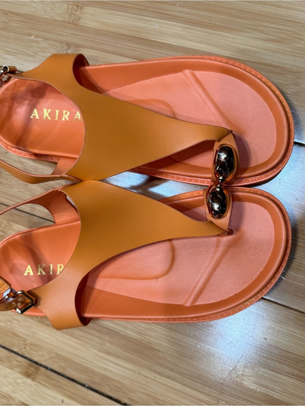 AKIRA Orange Leather Thong Sandals with Gold Accent